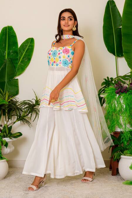 Buy_Label Kritika Kataria_White Crepe Sequin, Crystal And Beads Square Embroidered Flared Kurta Palazzo Set_Online_at_Aza_Fashions