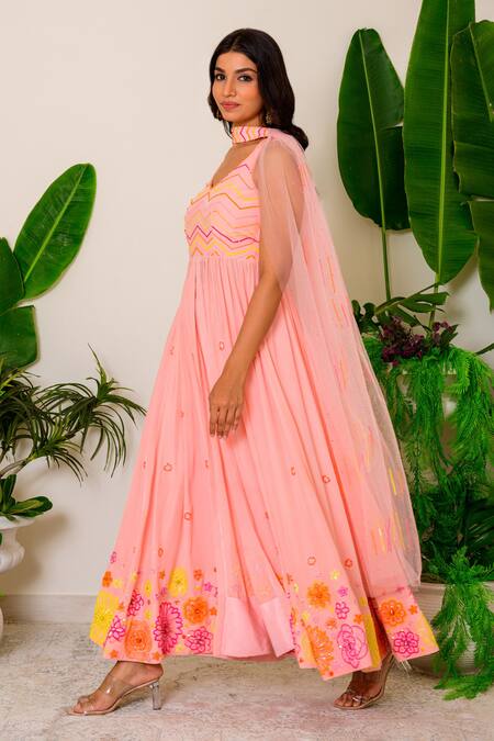 Label Kritika Kataria_Peach Crepe Sequin And Beads V Neck Embroidered Anarkali Set_Online_at_Aza_Fashions