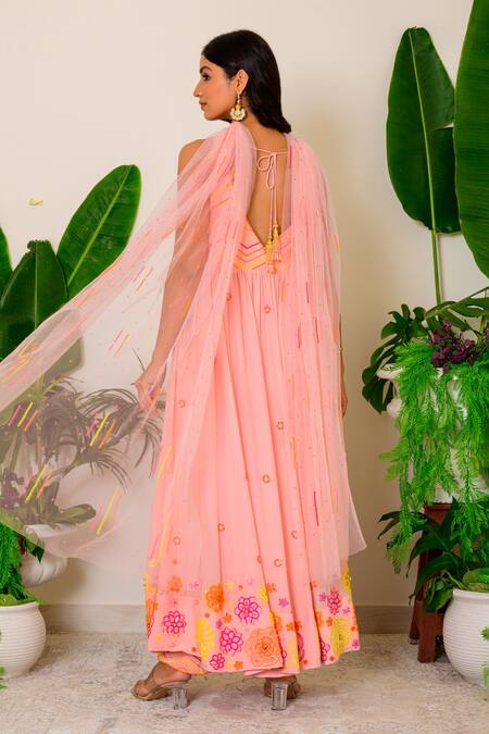 Buy_Label Kritika Kataria_Peach Crepe Sequin And Beads V Neck Embroidered Anarkali Set_Online_at_Aza_Fashions
