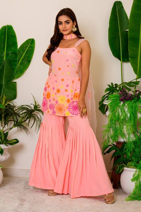 Buy_Label Kritika Kataria_Peach Crepe Sequin, Crystal And Beads Square Neck Embroidered Kurta Sharara Set_Online_at_Aza_Fashions