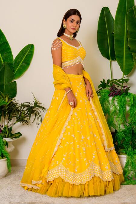 Label Kritika Kataria_Yellow Silk Pearl, Zardozi And Sequin Leaf Neck Embroidered Lehenga Set_Online_at_Aza_Fashions