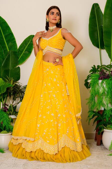 Buy_Label Kritika Kataria_Yellow Silk Pearl, Zardozi And Sequin Leaf Neck Embroidered Lehenga Set_Online_at_Aza_Fashions
