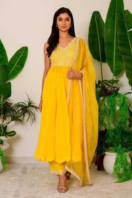 Label Kritika Kataria_Yellow Crepe Pearl, Zardozi And Sequin V Neck Embroidered Anarkali Set_Online_at_Aza_Fashions