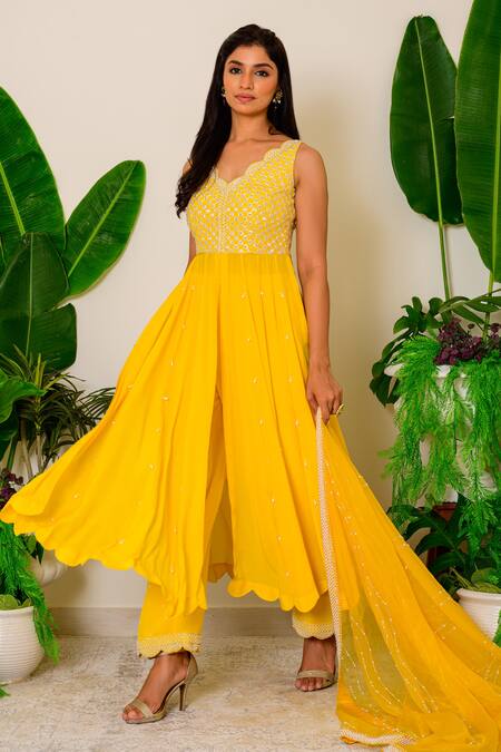 Buy_Label Kritika Kataria_Yellow Crepe Pearl, Zardozi And Sequin V Neck Embroidered Anarkali Set_Online_at_Aza_Fashions