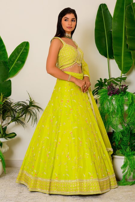 Label Kritika Kataria_Green Silk Pearl, Zardozi And Sequin Sweetheart Neck Embroidered Lehenga Set_Online_at_Aza_Fashions