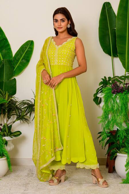 Label Kritika Kataria_Green Crepe Pearl, Zardozi And Sequin V Neck Embroidered Kurta Pant Set_Online_at_Aza_Fashions