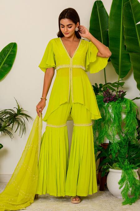 Label Kritika Kataria_Green Crepe Pearl, Zardozi And Sequin V Neck Embroidered Kurta Sharara Set_Online_at_Aza_Fashions