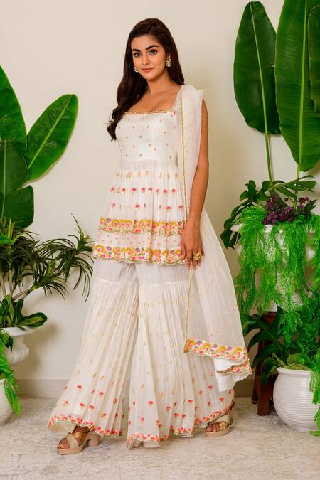 Buy_Label Kritika Kataria_White Silk Zardozi Square Neck Embroidered Kurta Sharara Set_Online_at_Aza_Fashions
