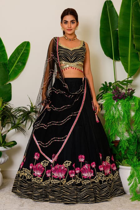 Label Kritika Kataria_Black Organza Sequin And Beads Leaf Neck Embroidered Lehenga Set_Online_at_Aza_Fashions