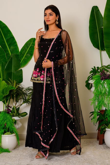 Label Kritika Kataria_Black Silk Sequin And Beads Square Neck Embroidered Kurta Sharara Set_Online_at_Aza_Fashions