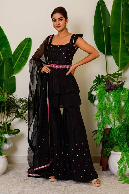 Label Kritika Kataria_Black Silk Sequin And Beads Square Neck Embroidered Kurta Sharara Set_Online_at_Aza_Fashions