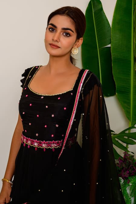 Buy_Label Kritika Kataria_Black Silk Sequin And Beads Square Neck Embroidered Kurta Sharara Set_Online_at_Aza_Fashions