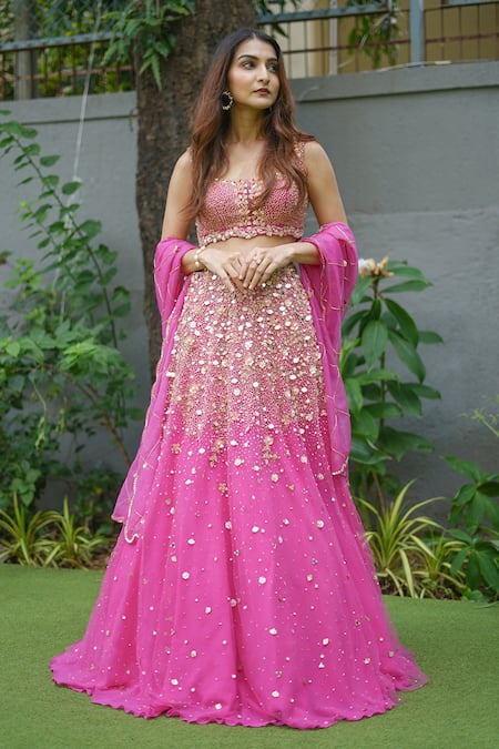 Shop Richa Jaisinghani Label Pink Organza, Tulle, Georgette Cutdana Work, Sequins Embroidered Lehenga Set at Aza Fashions Shop_Richa Jaisinghani Label_Pink Organza, Tulle, Georgette Cutdana Work, Sequins Embroidered Lehenga Set _at_Aza_Fashions