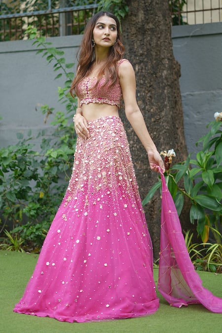 Richa Jaisinghani Label Pink Organza, Tulle, Georgette Cutdana Work, Sequins Embroidered Lehenga Set Online at Aza Fashions Richa Jaisinghani Label_Pink Organza, Tulle, Georgette Cutdana Work, Sequins Embroidered Lehenga Set _Online_at_Aza_Fashions