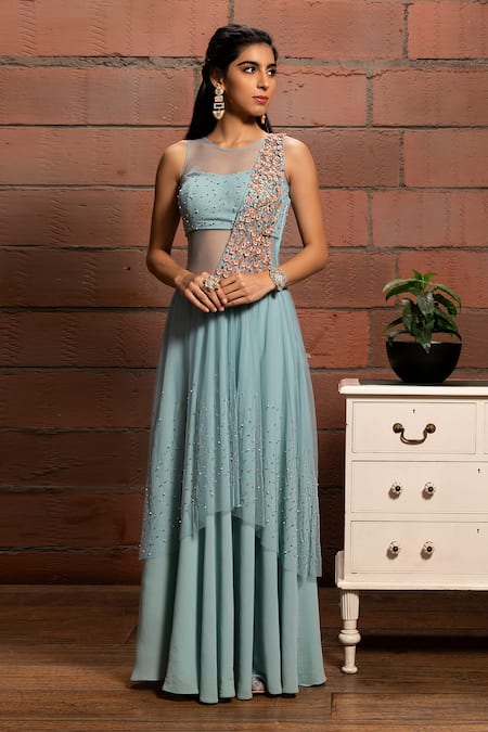 Shop_Richa Jaisinghani Label_Green Tulle, Georgette Bead Work, Floral Applique Round Saree Gown _at_Aza_Fashions