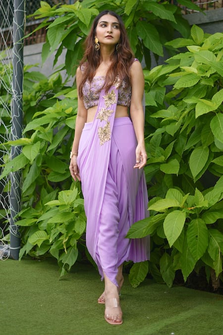 Shop Richa Jaisinghani Label Purple Georgette Cutdana Work Round Pre-draped Dhoti Saree With Blouse at Aza Fashions Shop_Richa Jaisinghani Label_Purple Georgette Cutdana Work Round Pre-draped Dhoti Saree With Blouse _at_Aza_Fashions