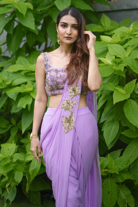 Richa Jaisinghani Label Purple Georgette Cutdana Work Round Pre-draped Dhoti Saree With Blouse Online at Aza Fashions Richa Jaisinghani Label_Purple Georgette Cutdana Work Round Pre-draped Dhoti Saree With Blouse _Online_at_Aza_Fashions