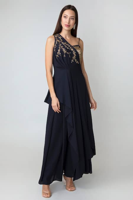 Richa Jaisinghani Label Blue Georgette Cutdana Work Asymmetric One Shoulder Cape Palazzo Set 