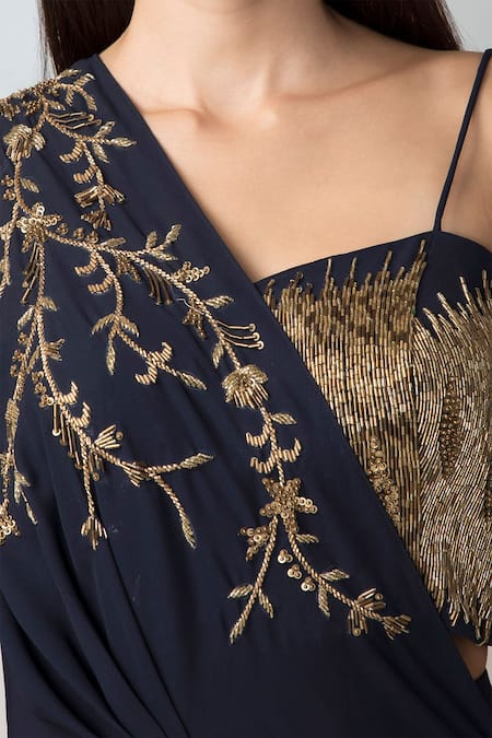 Richa Jaisinghani Label_Blue Georgette Cutdana Work Asymmetric One Shoulder Cape Palazzo Set _Online_at_Aza_Fashions