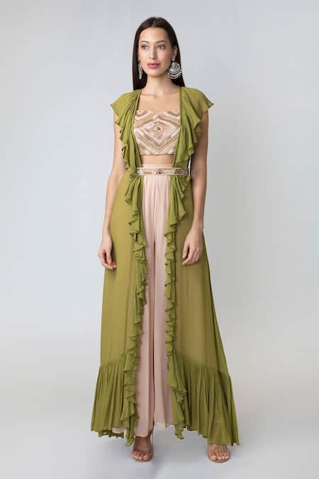 Richa Jaisinghani Label Green Georgette Bead , Cutdana Sweetheart Ruffle Jacket Palazzo Set 