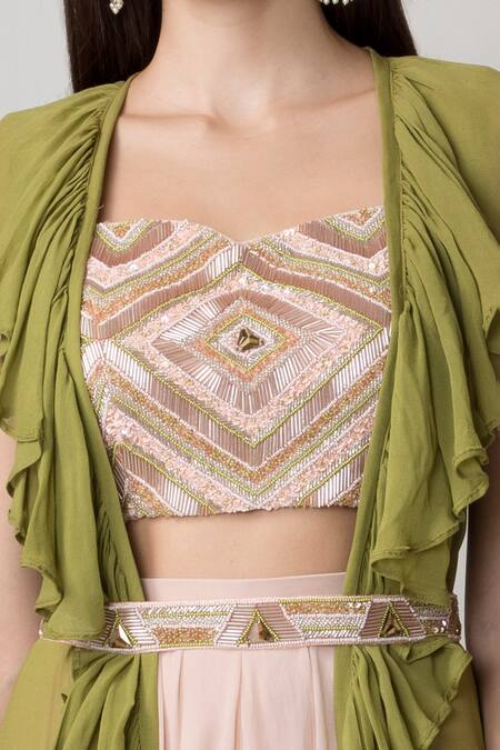 Richa Jaisinghani Label Green Georgette Bead , Cutdana Sweetheart Ruffle Jacket Palazzo Set Online at Aza Fashions Richa Jaisinghani Label_Green Georgette Bead , Cutdana Sweetheart Ruffle Jacket Palazzo Set _Online_at_Aza_Fashions