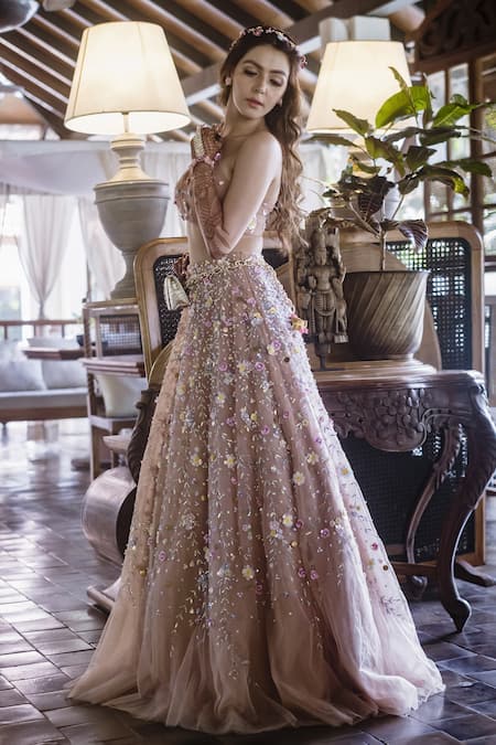 Shop Richa Jaisinghani Label Beige Tulle, Georgette Bead Work, Floral Applique One Shoulder Choli Lehenga Set at Aza Fashions Shop_Richa Jaisinghani Label_Beige Tulle, Georgette Bead Work, Floral Applique One Shoulder Choli Lehenga Set _at_Aza_Fashions