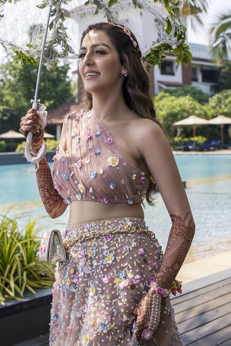 Richa Jaisinghani Label Beige Tulle, Georgette Bead Work, Floral Applique One Shoulder Choli Lehenga Set Online at Aza Fashions Richa Jaisinghani Label_Beige Tulle, Georgette Bead Work, Floral Applique One Shoulder Choli Lehenga Set _Online_at_Aza_Fashions