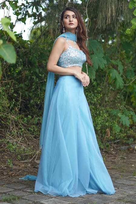 Richa Jaisinghani Label_Blue Organza, Net, Georgette Cutdana Work, Embroidered Blouse Sharara Set _Online_at_Aza_Fashions