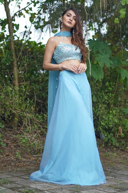 Buy_Richa Jaisinghani Label_Blue Organza, Net, Georgette Cutdana Work, Embroidered Blouse Sharara Set _Online_at_Aza_Fashions