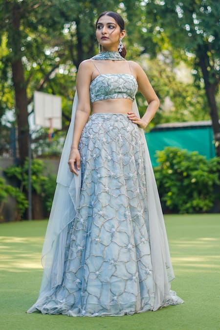 Richa Jaisinghani Label Blue Net, Georgette Bead Work Square Neck Embroidered Lehenga Set 
