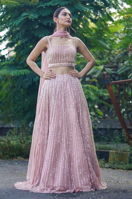Richa Jaisinghani Label Pink Net, Georgette Cutdana , Sequins Stripe Embroidered Lehenga Set 