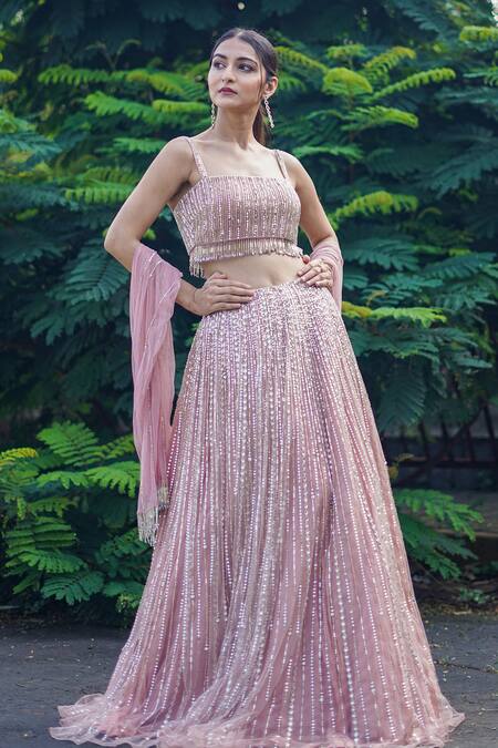 Richa Jaisinghani Label Pink Net, Georgette Cutdana , Sequins Stripe Embroidered Lehenga Set Online at Aza Fashions Richa Jaisinghani Label_Pink Net, Georgette Cutdana , Sequins Stripe Embroidered Lehenga Set _Online_at_Aza_Fashions