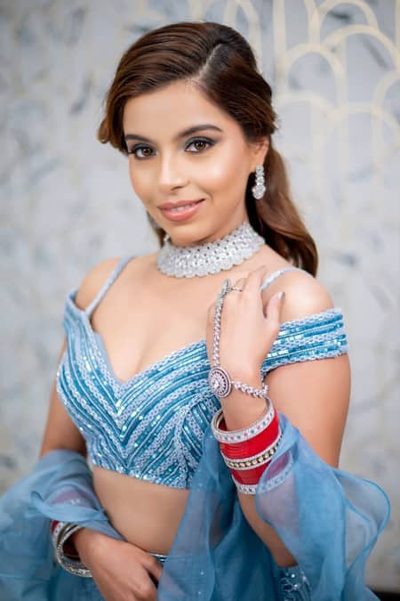 Shop Richa Jaisinghani Label Blue Organza, Tulle, Georgette Cutdana Work, Embroidered Fish Cut Lehenga Set at Aza Fashions Shop_Richa Jaisinghani Label_Blue Organza, Tulle, Georgette Cutdana Work, Embroidered Fish Cut Lehenga Set _at_Aza_Fashions