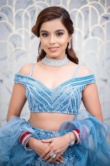 Richa Jaisinghani Label Blue Organza, Tulle, Georgette Cutdana Work, Embroidered Fish Cut Lehenga Set Online at Aza Fashions Richa Jaisinghani Label_Blue Organza, Tulle, Georgette Cutdana Work, Embroidered Fish Cut Lehenga Set _Online_at_Aza_Fashions