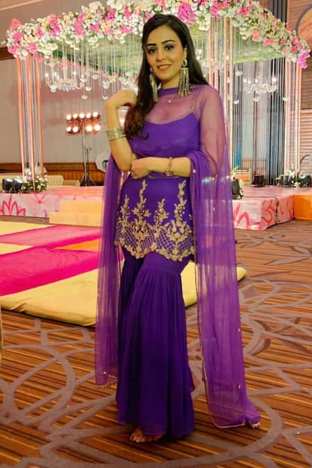 Shop Richa Jaisinghani Label Purple Net, Georgette Round Embroidered Strappy Kurta Sharara Set at Aza Fashions Shop_Richa Jaisinghani Label_Purple Net, Georgette Round Embroidered Strappy Kurta Sharara Set _at_Aza_Fashions
