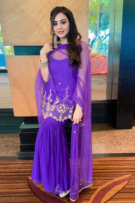 Richa Jaisinghani Label Purple Net, Georgette Round Embroidered Strappy Kurta Sharara Set Online at Aza Fashions Richa Jaisinghani Label_Purple Net, Georgette Round Embroidered Strappy Kurta Sharara Set _Online_at_Aza_Fashions
