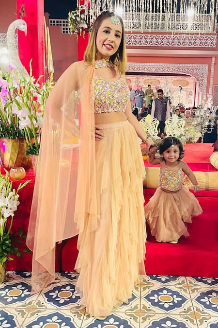 Richa Jaisinghani Label Beige Net, Georgette Bead Work, Floral Applique Jewel Tiered Ruffle Lehenga Set 