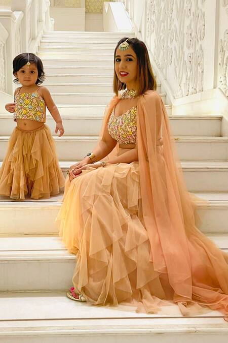 Richa Jaisinghani Label Beige Net, Georgette Bead Work, Floral Applique Jewel Tiered Ruffle Lehenga Set Online at Aza Fashions Richa Jaisinghani Label_Beige Net, Georgette Bead Work, Floral Applique Jewel Tiered Ruffle Lehenga Set _Online_at_Aza_Fashions