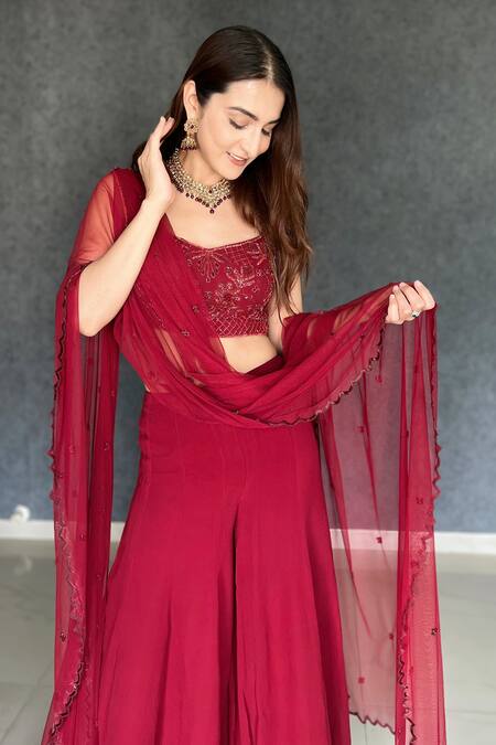 Richa Jaisinghani Label Red Net, Georgette Cutdana Work V Neck Floral Embroidered Blouse Sharara Set Online at Aza Fashions Richa Jaisinghani Label_Red Net, Georgette Cutdana Work V Neck Floral Embroidered Blouse Sharara Set _Online_at_Aza_Fashions