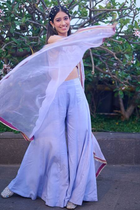 Gopi Vaid_Purple Sequin V Neck Arzu Cape And Flared Pant Set_Online_at_Aza_Fashions