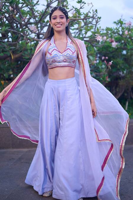 Buy_Gopi Vaid_Purple Sequin V Neck Arzu Cape And Flared Pant Set_Online_at_Aza_Fashions