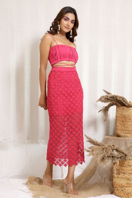 Kalakaari By Sagarika_Pink Cotton Cut Work Periwinkle Crop Top And Skirt Set_Online_at_Aza_Fashions