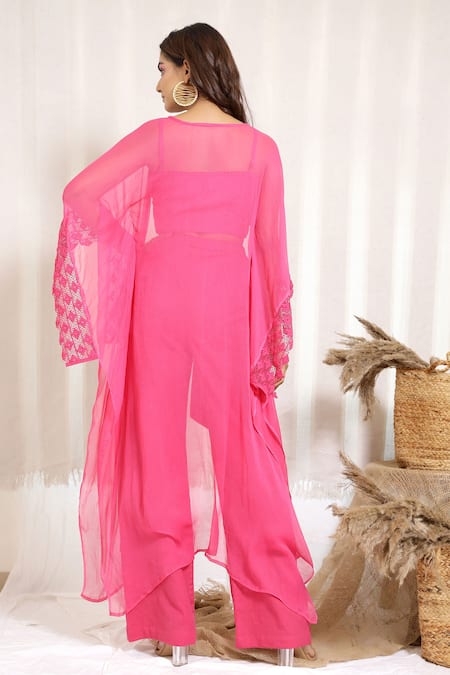 Shop_Kalakaari By Sagarika_Pink Cotton And Chiffon Crochet Sweetheart Neck Cosmos Shrug & Lounge Pant Set _at_Aza_Fashions