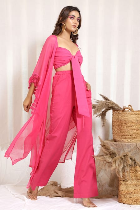 Kalakaari By Sagarika Pink Cotton And Chiffon Embroidery Crochet Cosmos Shrug & Lounge Pant Set 