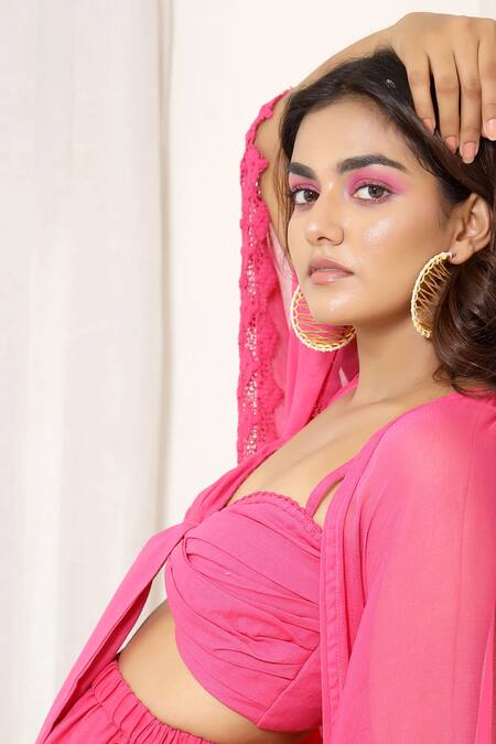 Kalakaari By Sagarika_Pink Cotton And Chiffon Crochet Sweetheart Neck Cosmos Shrug & Lounge Pant Set _at_Aza_Fashions