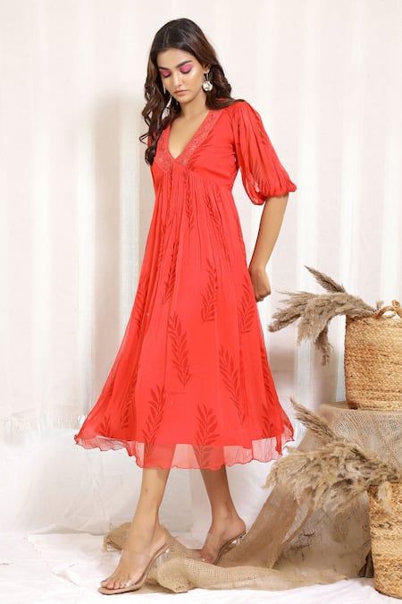 Shop_Kalakaari By Sagarika_Red Chiffon Block Print V Neck Peony Midi Dress _Online_at_Aza_Fashions