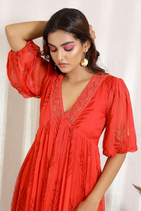 Kalakaari By Sagarika_Red Chiffon Block Print V Neck Peony Midi Dress _at_Aza_Fashions