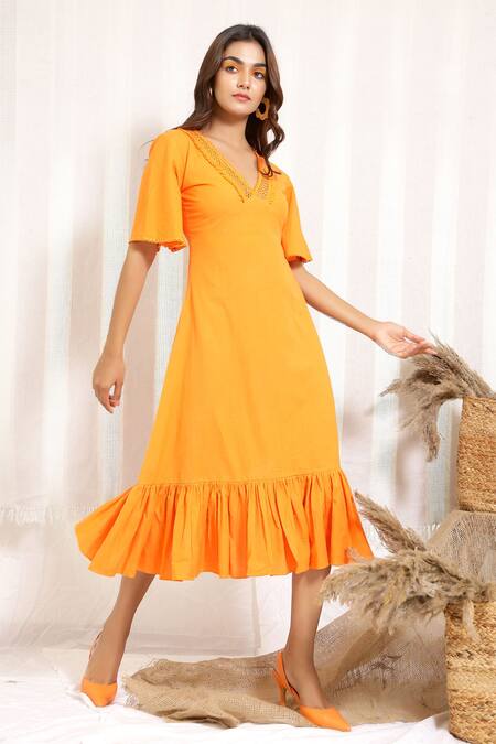 Kalakaari By Sagarika_Orange Cotton Hibiscus Midi Dress_Online_at_Aza_Fashions