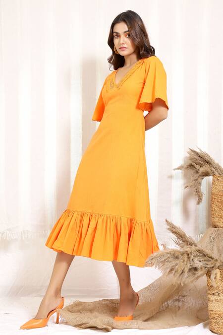 Buy_Kalakaari By Sagarika_Orange Cotton Hibiscus Midi Dress_Online_at_Aza_Fashions