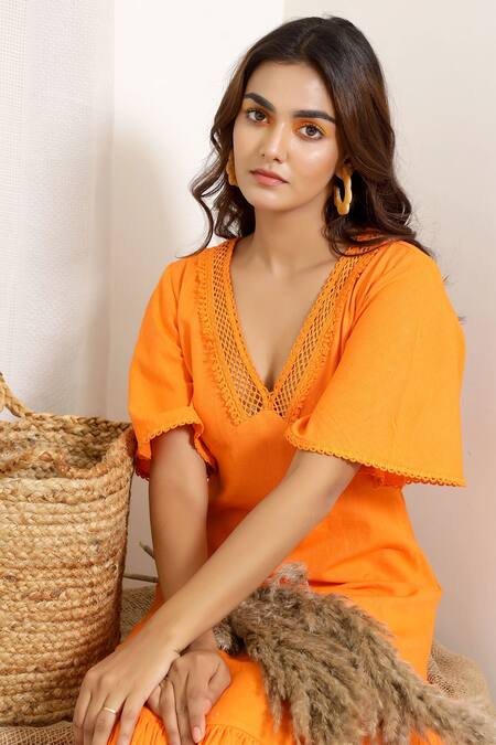 Shop_Kalakaari By Sagarika_Orange Cotton Hibiscus Midi Dress_Online_at_Aza_Fashions